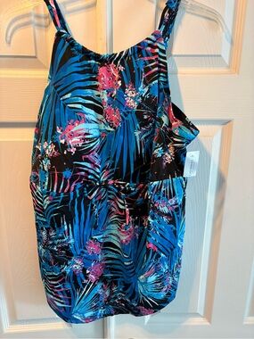 Catherines Black Tropical Print Tankini Swim Top - swim